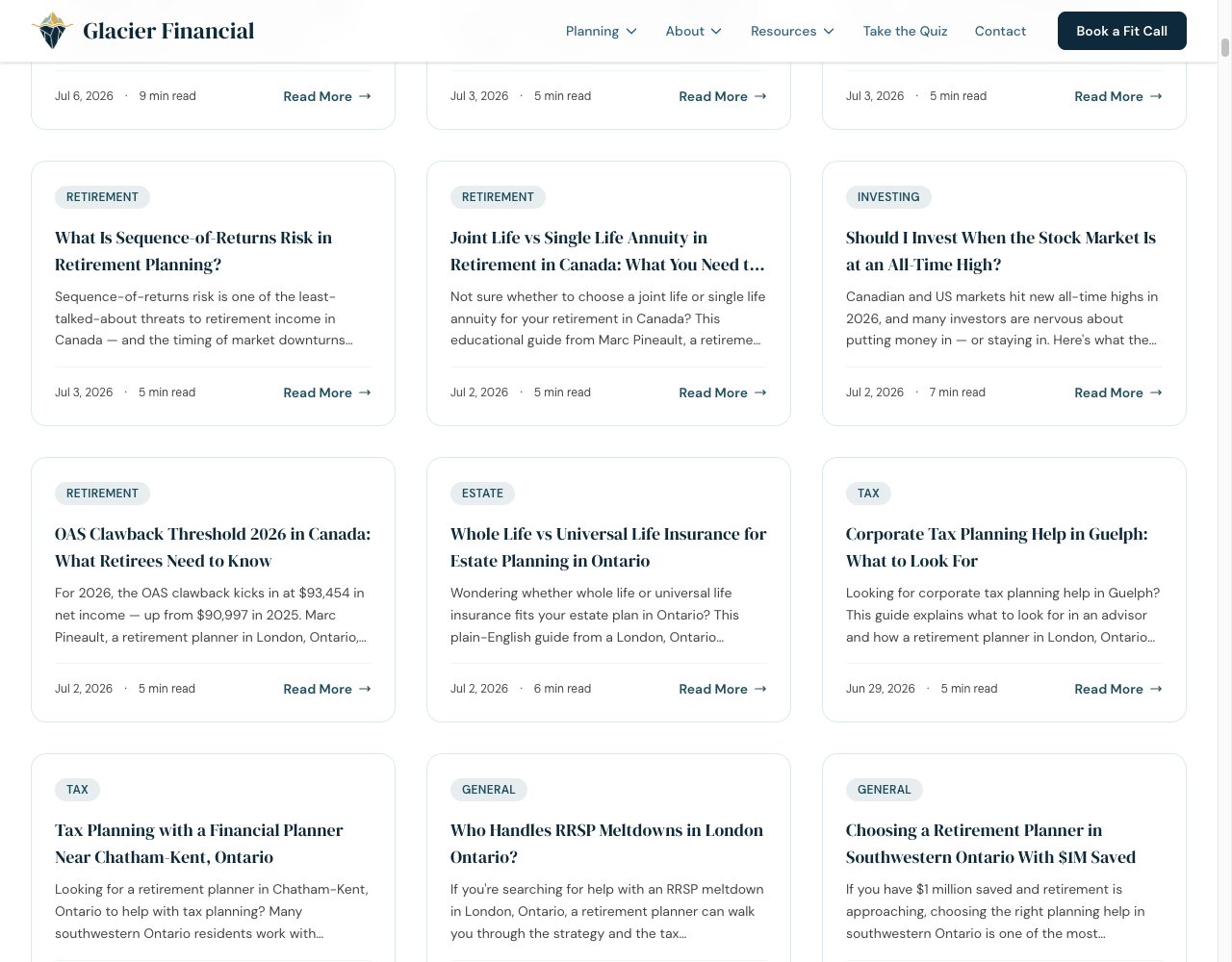 The site's resource library showing a dense grid of published financial planning articles.