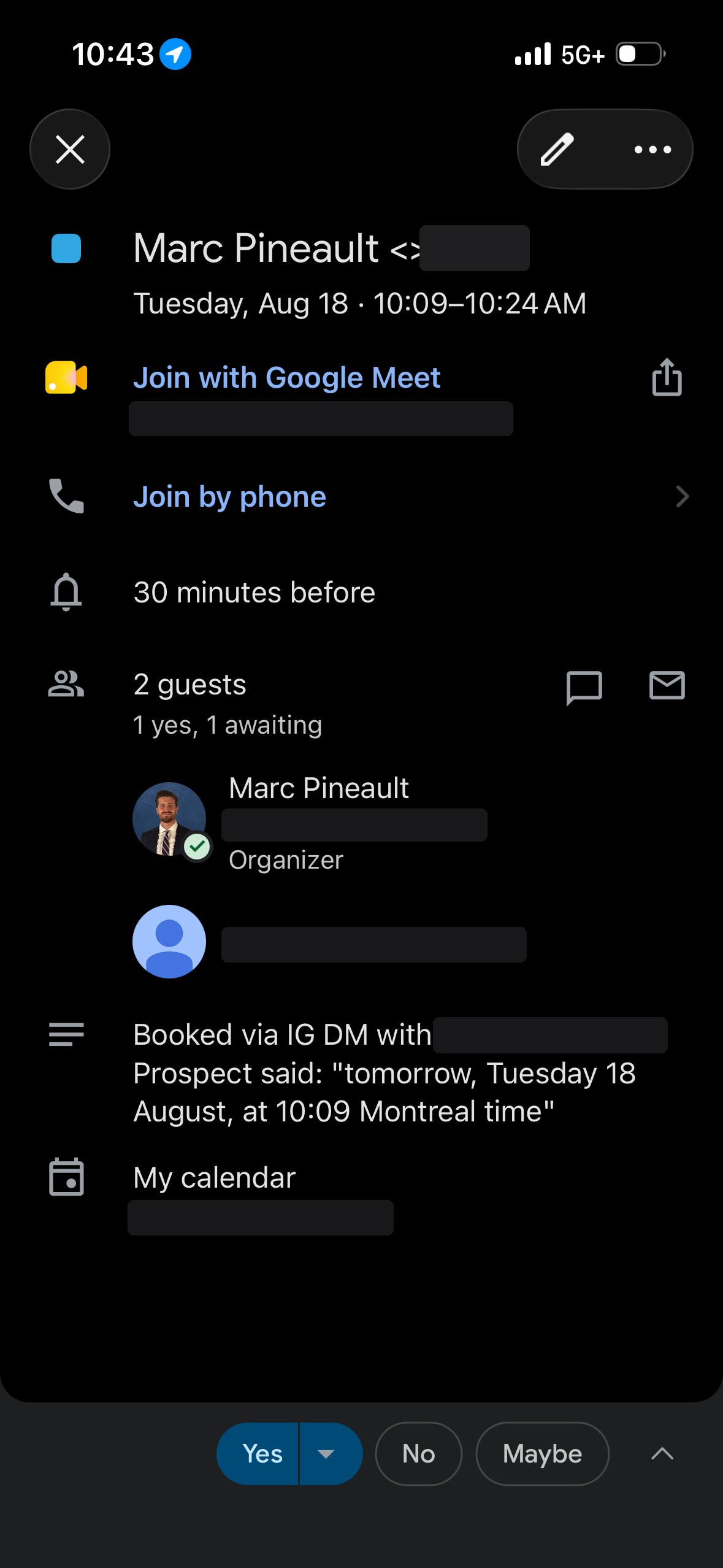Google Calendar event created automatically, with a description reading Booked via IG DM and quoting the prospect's own words.