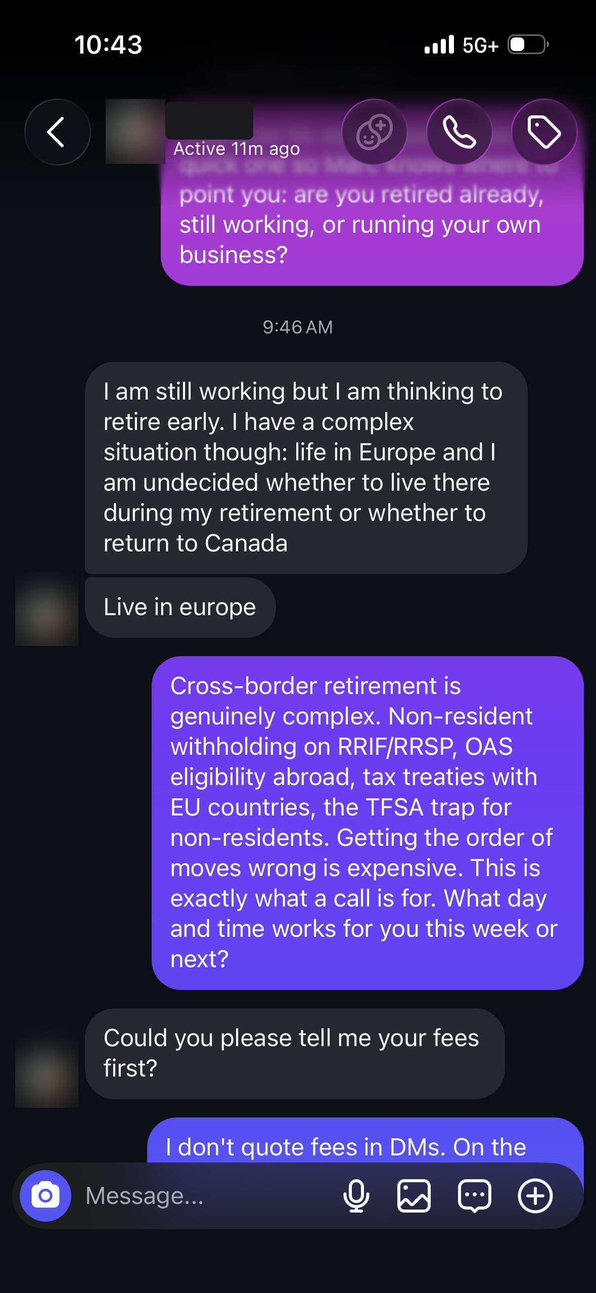 Instagram DM in which the AI answers a complex cross-border retirement question and asks for a call.