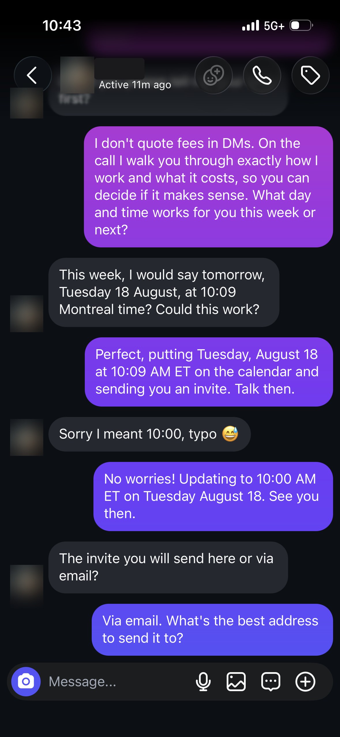 Instagram DM in which the AI declines to quote fees, agrees a meeting time, and corrects the time after the prospect notes a typo.