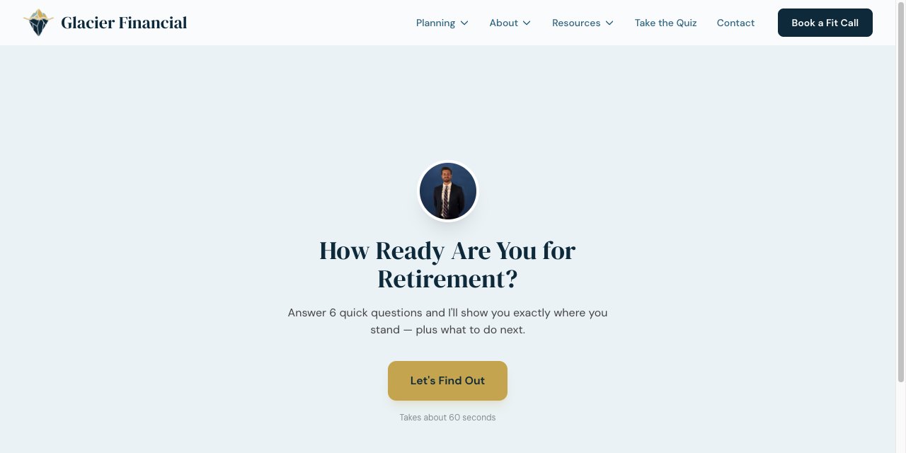 The retirement readiness quiz page on the client site, the single highest-traffic entry point in the funnel.